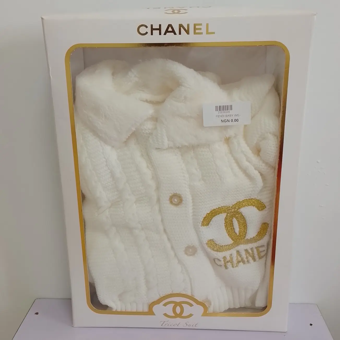 Elegant Baby Knitted Tricot Suit – White & Gold
